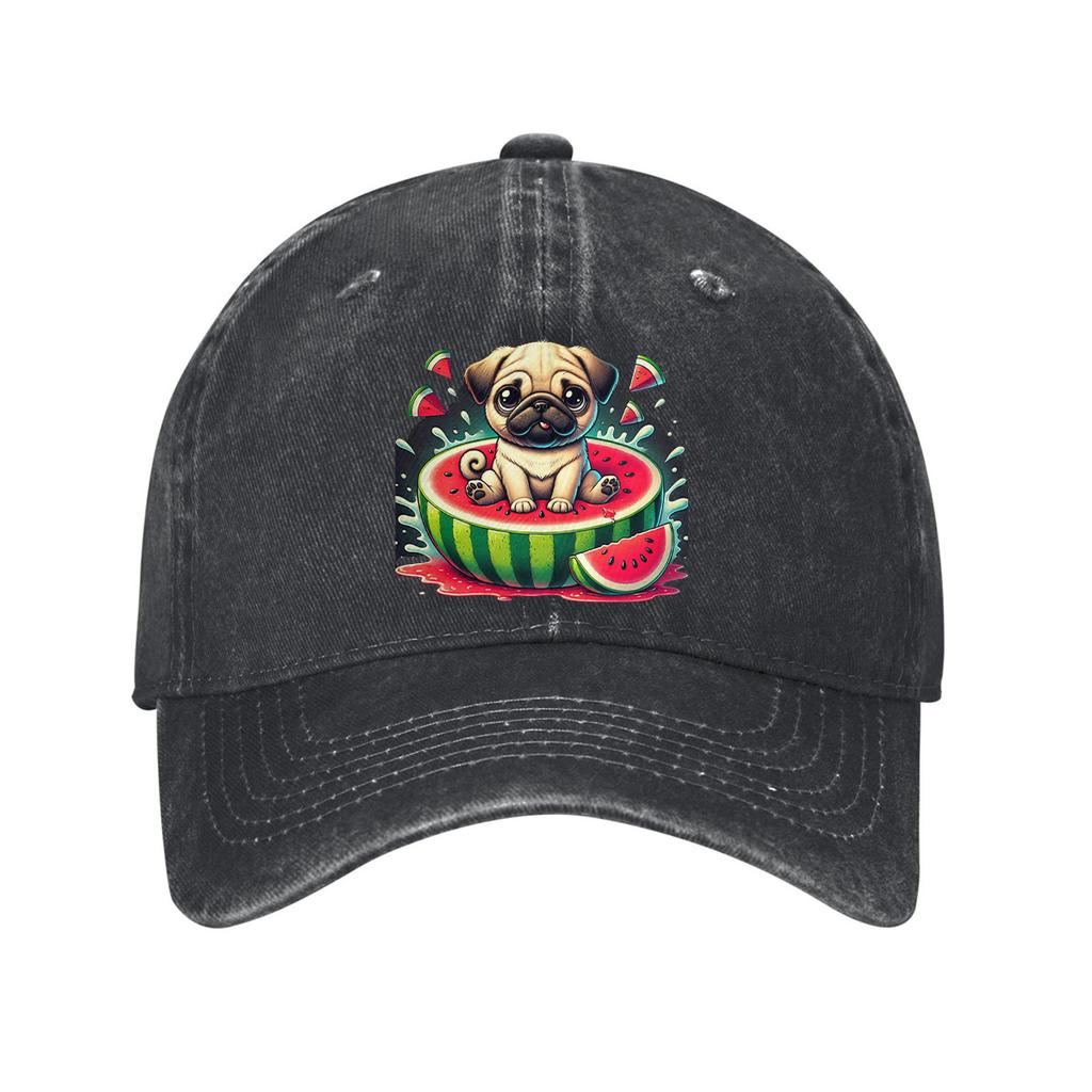 Pug Eating Watermelon Graphic Baseball Cap Cotton Casual Adjustable Sun Protection Unisex Hat