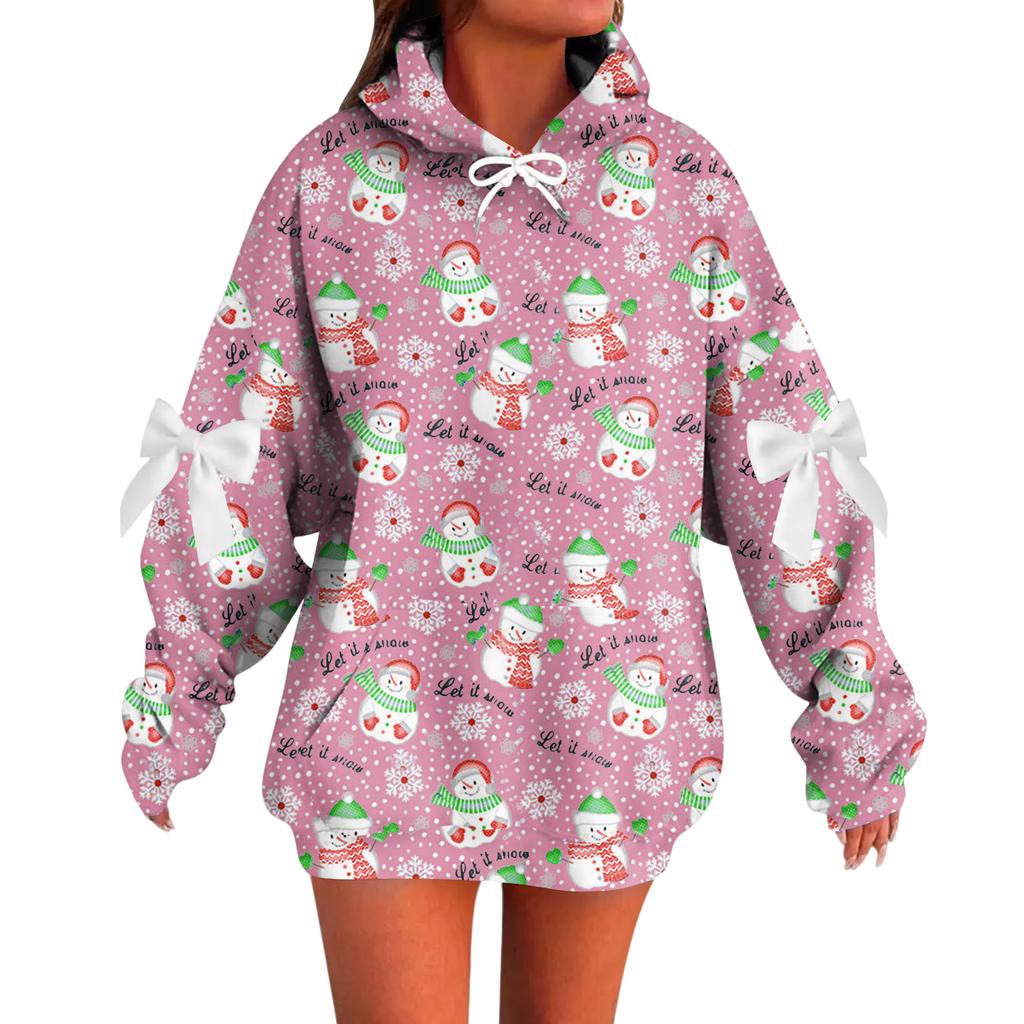 Ladies' Christmas Printed Bow Long Sleeved Loose Fitting Headband With Rope Hooded Sweatshirt Top