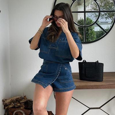 Garnitur Wiosenno-Jesienny Damski Temperament Moda Cienki Denim Stębnówka Kontrastowy Kolor Casualowe Spodnie z Prostą Nogawką Garnitur Dwuczęściowy