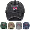 Regulowana, spłowiała czapka bejsbolowa z nadrukiem NORWEGIA i flagi Norwegii, odpowiednia na podróże plenerowe, kemping, imprezy
