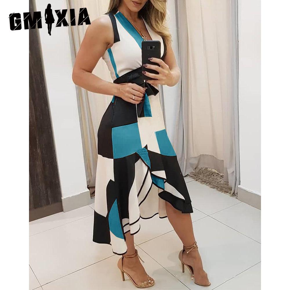 

GMXIA Новое модное женское платье-майка без рукавов с V-образным вырезом и красочным принтом XL синий