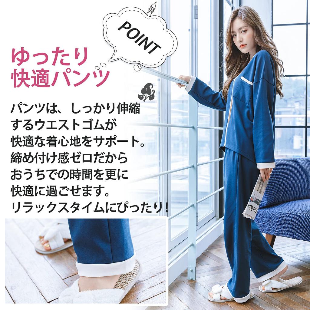 MiniZaru Cotton Loungewear Loose Long and Cute and Women's 100% Pajamas, Fit, Sleeves, Pants, Skin-Friendly (2047 Blue, Medium)