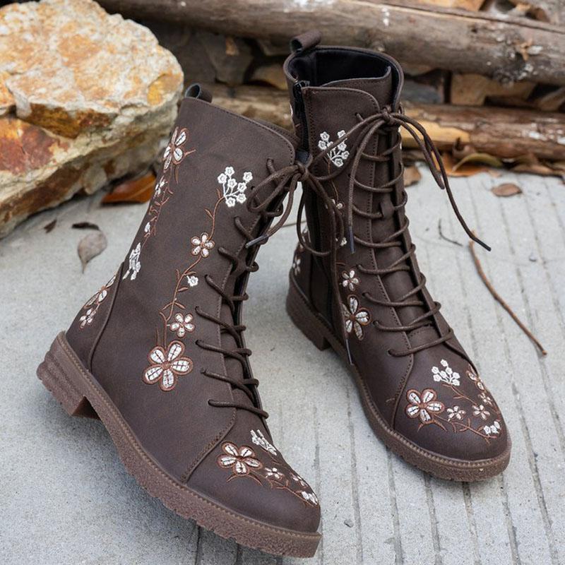 Woman Ankle Boots Retro Embroidery Spring Autumn Shoes Women Casual Thick Low Heel Side Zip Western Round Head Fashion Botines