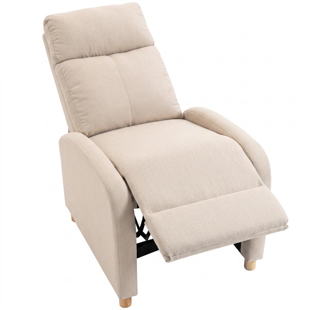 Manual Recliner Chair Up To 135 Degrees Linen Upholstery Pocket Spring Footrest High Backrest And Wooden Legs Beige