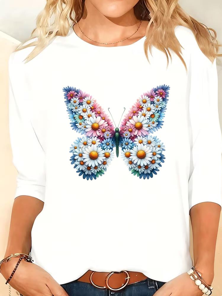 

(Asian Size) style trend 90s Women Clothing Long Sleeve T Shirt Tee butterfly Print autumn winter spring Casual Fashion Top o-neck Graphic T-shirts S