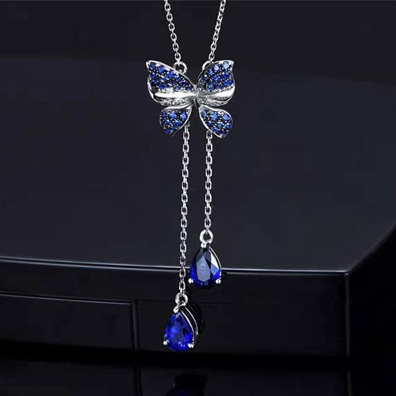 Elegant Sapphire Butterfly Tassel Choker Necklace for Women - Trendy, Luxurious, and Versatile Design