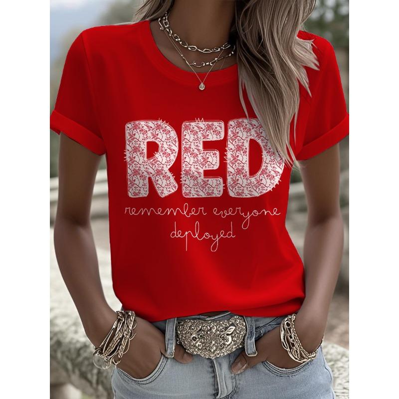 Hot Sale Womens Red Friday Print TShirts Summer Short Sleeve Tops Casual Round Neck Tees