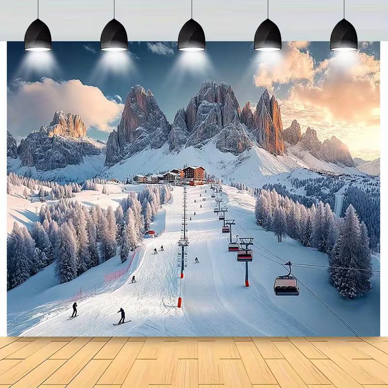 

2D Snow Ski Tapestry, Alpine Slope & Snow Covered Trees Background Cloth 47.2x31.5inch/120*80cm