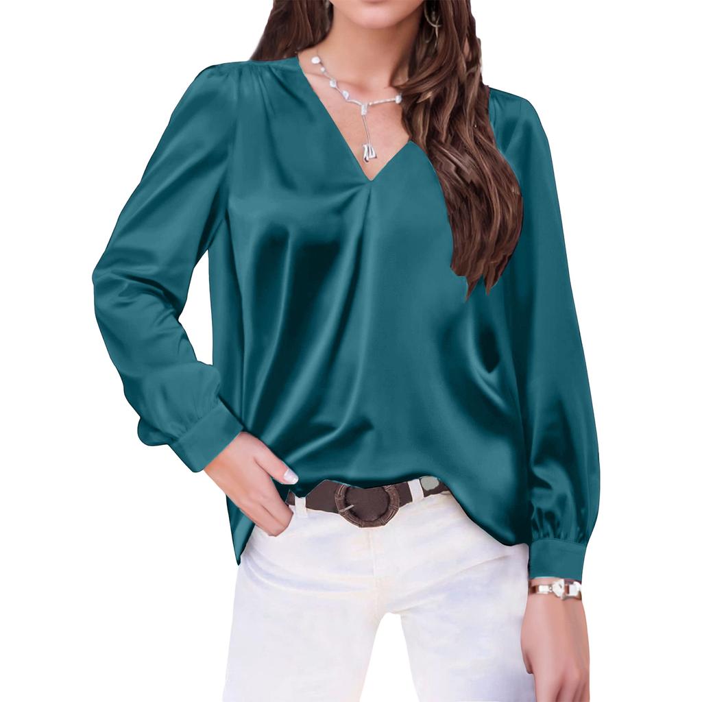 Women's V,Neck Casual Loose Satin Ruched Long Sleeve Work Blouse