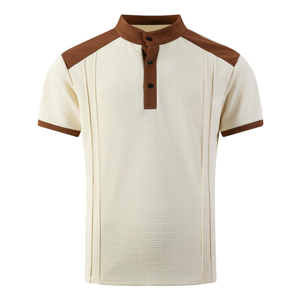 Men's Color Blocked Stand Up Collar Single Breasted Shirt Men's Casual And Comfortable Short Sleeved Shirt