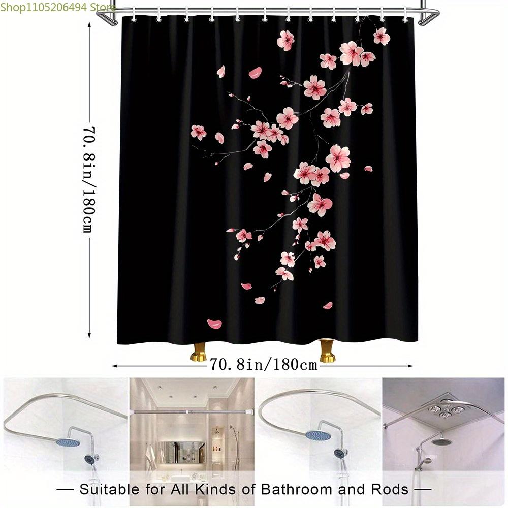 1pc Cherry Blossom Shower Curtain Black Background Nature Flower Art Polyester Fabric Bathroom Decor with 12 Hooks 70.8x70.8 I