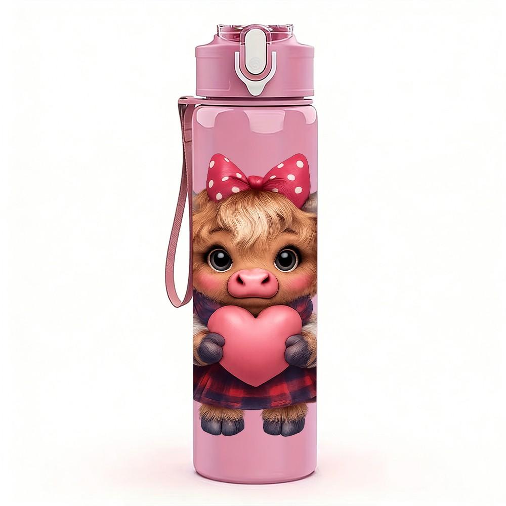 1PC Lovely Cow Heart 750ml Color Plastic Sports Water Bottle Leakproof Flip Straw Lid Suitable for Sports Office Home Use