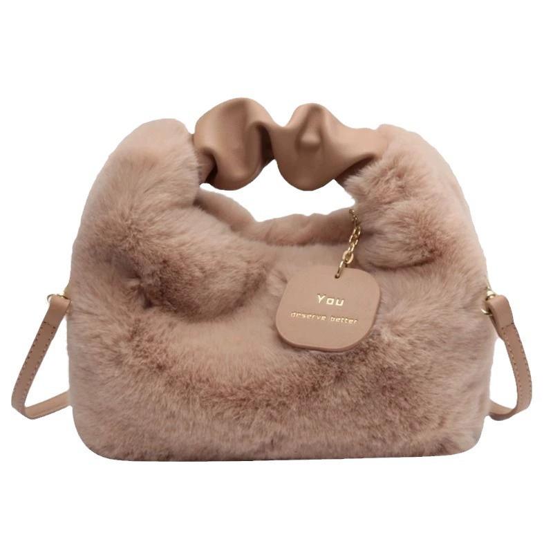 Women Faux Fur Handbag Solid Color Plush Top-Handle Bag Adjustable Shoulder Strap Comfortable Ladies Girls Trendy Bag
