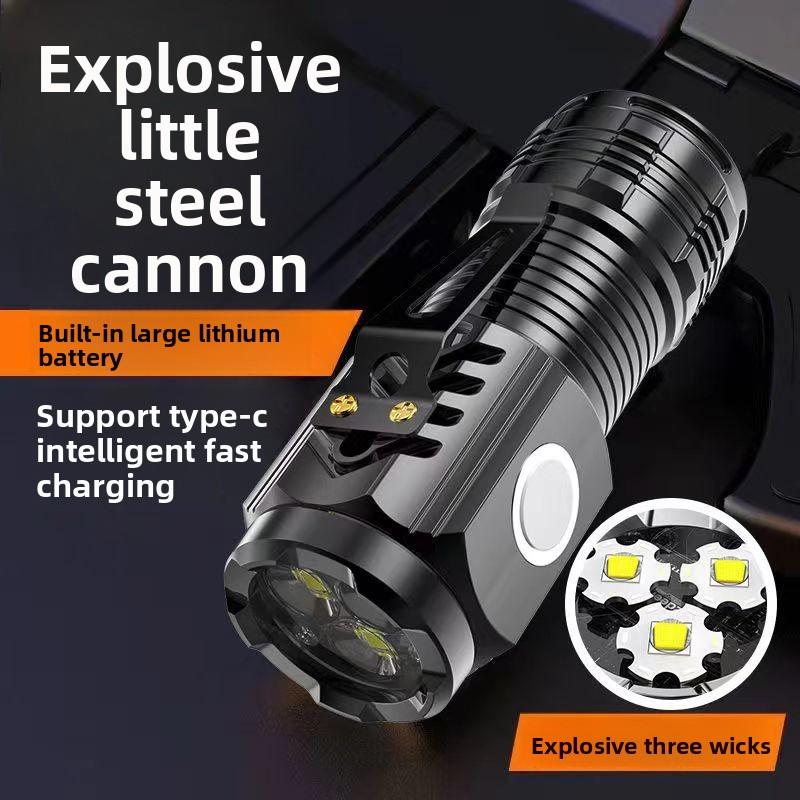 Strong Light Flashlight Explodes Outdoor Charging Mini Flashlight Long-range Long-range Battery Life Three-eyed Little Monster Flashlight
