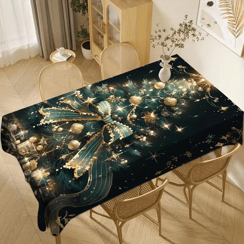 1pc Dreamy Green Christmas Bow Pattern Tablecloth, 152.4*218.44 cm, Rectangle, Polyester, Easy to Clean, Holiday Decoration, Party Theme Tablecloth, D