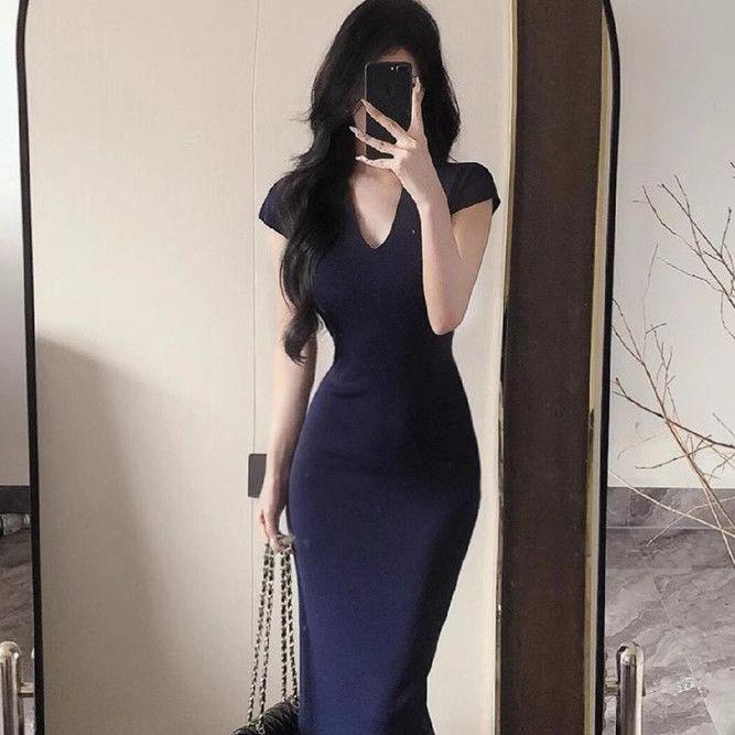

French Hepburn V-Neck Tea Dress: 2026 Summer Slimming Bodycon Long Dress XS (suitable for 35-40 kg)