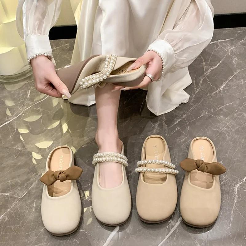 Fashion Bowknot Pearl Flat Bottom Baotou Half Slippers Women New 2026 Summer Shallow Mouth Mary Jane Single Shoes Casual Slides
