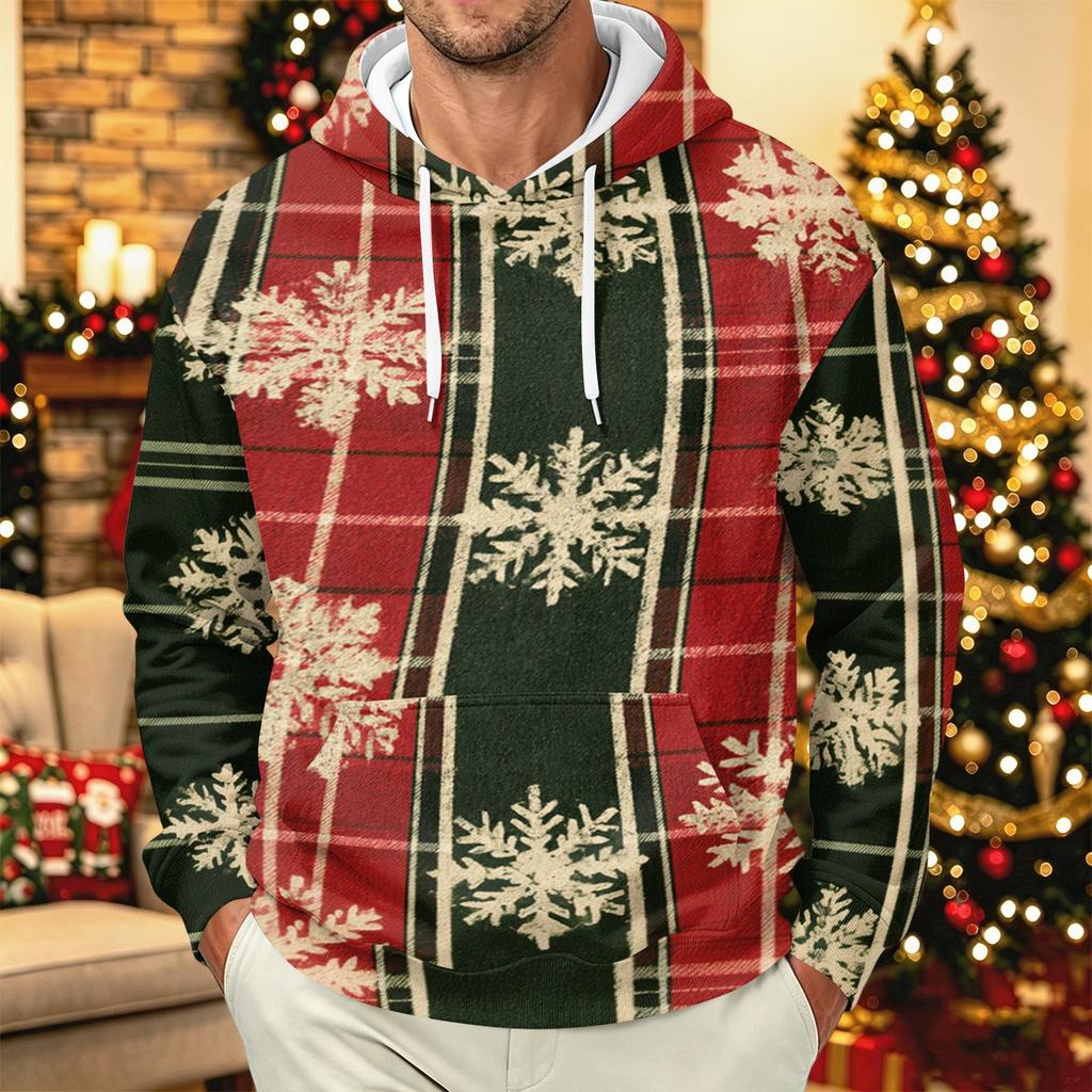 Men's Long Sleeve Christmas Print Pullover Hoodie for Holiday Party and Everyday Wear