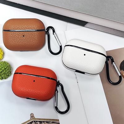 Lychee Pattern Leather Earphone Protective Case for AirPods 4 & AirPods Pro 1 2 3 Hard Cover with Portable Mountaineering Buckle