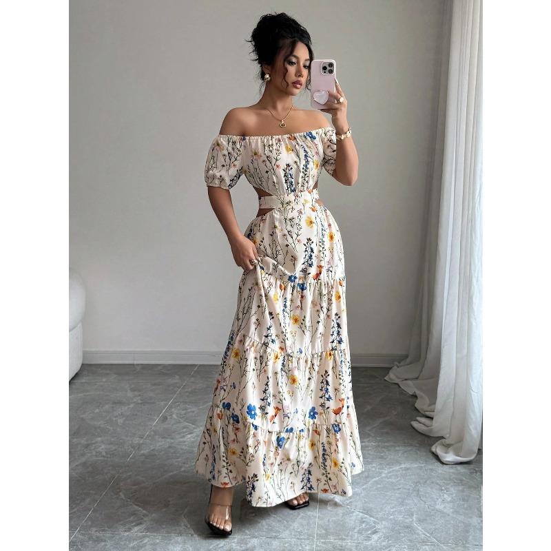 women s Off Shoulder Puff Sleeve Cutout Waist Floral Print Maxi Dress Back Tie Elegant Party Long Sundress S