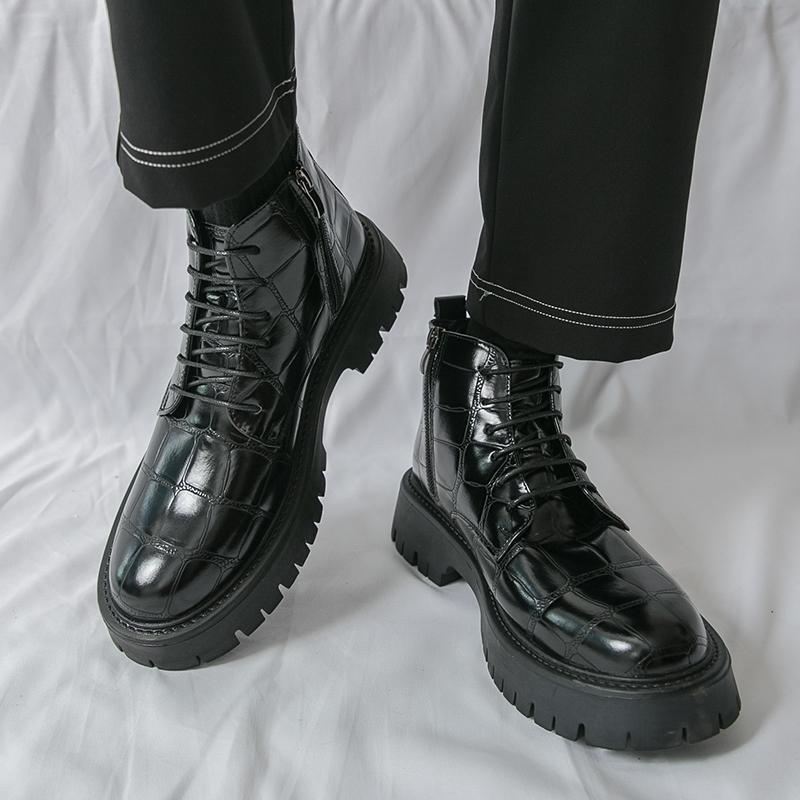 Men Motorcycle Casual Black Outdoor Retro Brown Leather Elevator Shoes High Boots Street Style Punk Boots Large Size