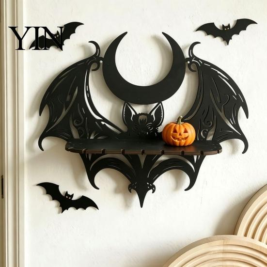 Gothic Style Storage Bat Wall Shelf, Mount Wooden & Moon Rack, Creative Wing Display Stand Floating Shelf for Bedroom Living Room Halloween