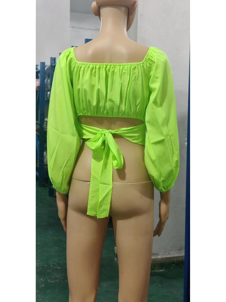 European & American Women's Off-the-Shoulder Lantern Sleeve Crop Top with Lace-Up Design