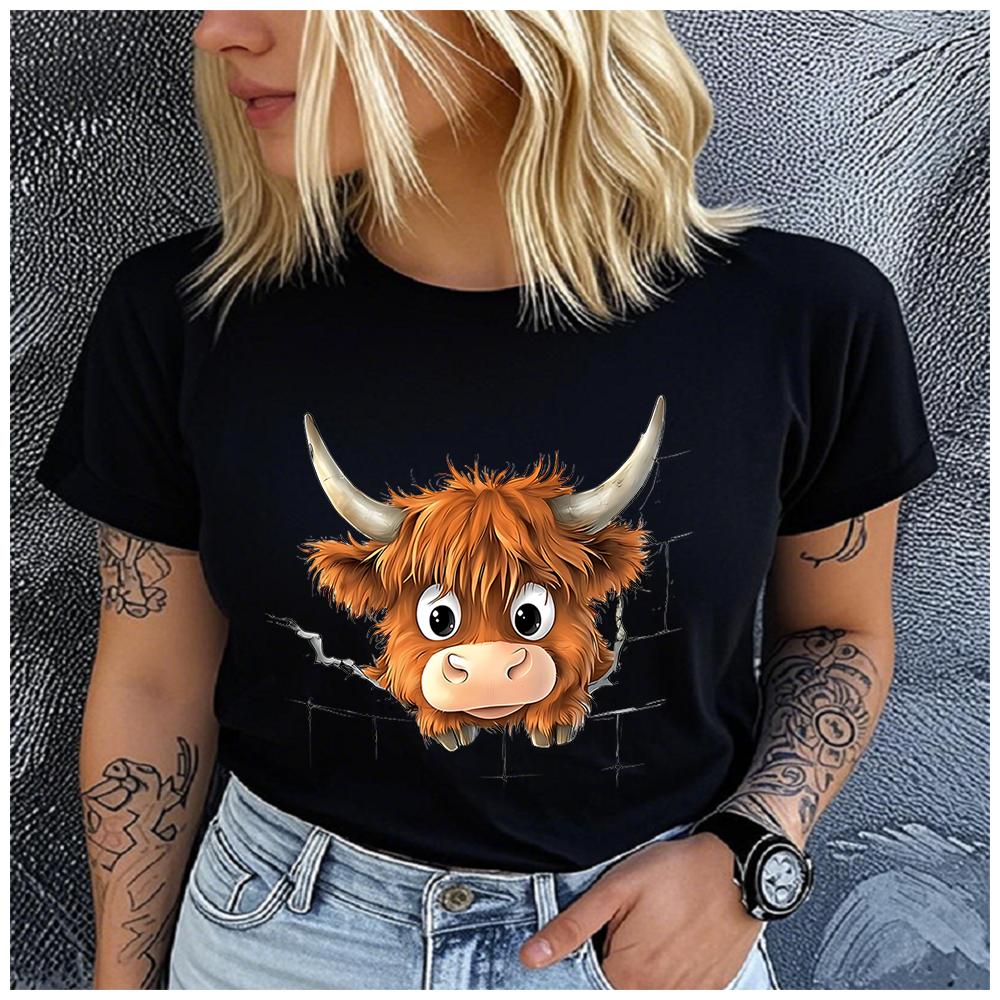 Unisex Womens Cotton Cute Yak Print Tshirt Loose Round Neck Casual Short Sleeve Fashion Top Clothing Summer
