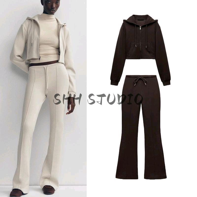 Spring New Arrival Women's Clothing Long Sleeves Hooded Short Sweatshirt 3641843 Double-Sided Cloth Stretch Sweatpants 3641845