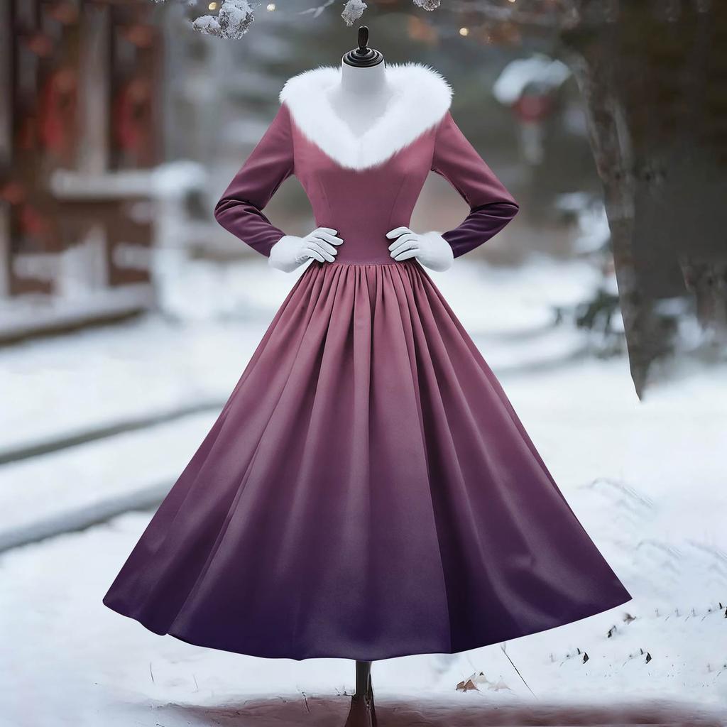 Women's Casual Dress Long-Sleeve V-Neck Patchwork Fleece Christmas Print Dress