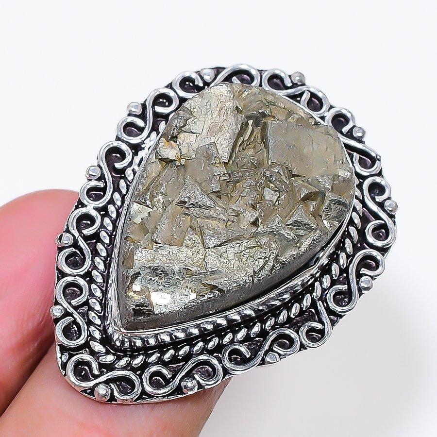 Natural Pyrite Druzy Gemstone 925 Sterling Silver Jewelry Ring Size 9 AR-18645