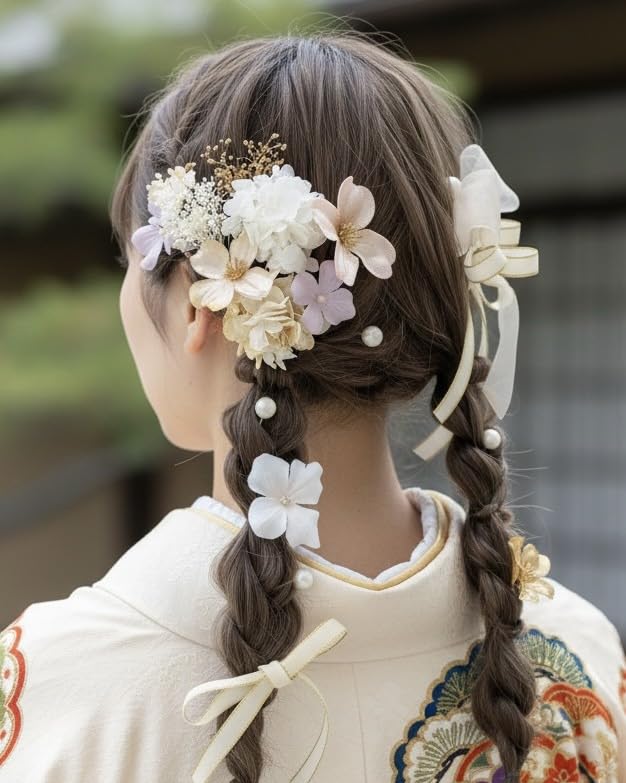 [Lomeri] Hair Accessory with Dried Flowers and Ribbons [3 Colors Available] for Yukata, Kimono, Traditional Japanese Clothing, Furisode,