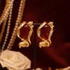 Baroque Vintage Red Lava Gem Gold-Plated Stud Earrings with Silver Needle