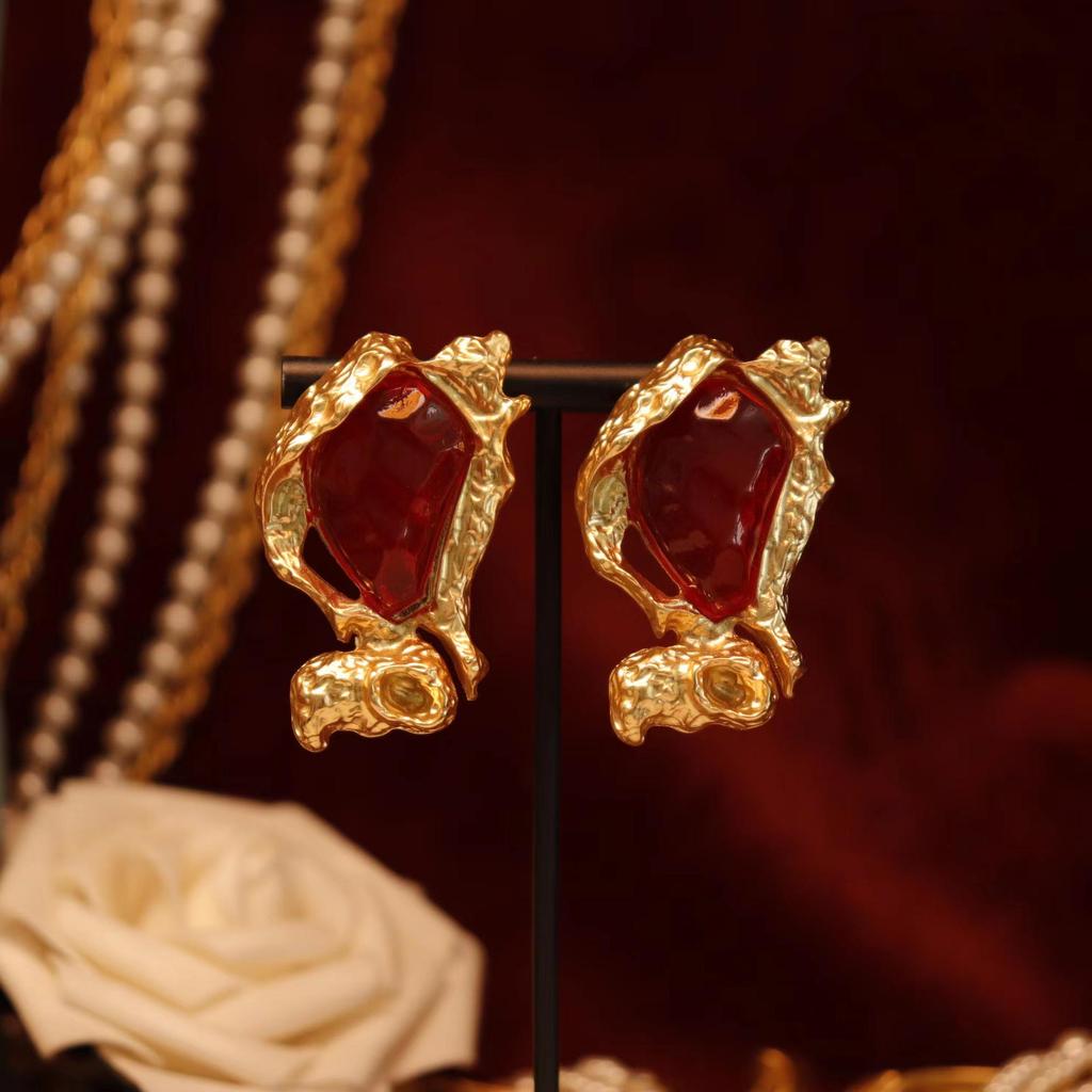 Baroque Vintage Red Lava Gem Gold-Plated Stud Earrings with Silver Needle