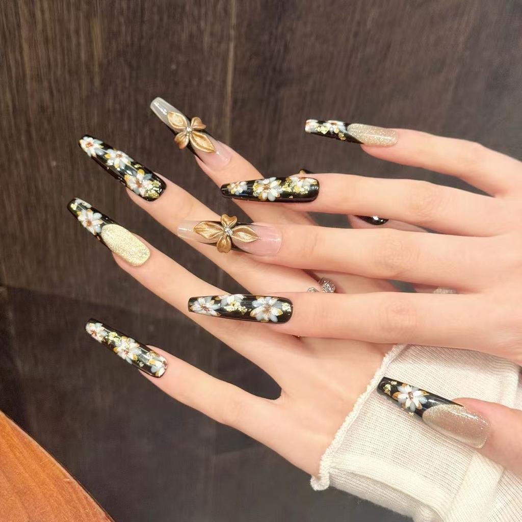 Press On Nails Long Coffin Fake Nails Glitter False Nails with Flower Designs Full Cover Glue On Nails Press Ons Artificial Stick On Nails for Women