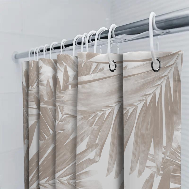 Vintage Palm Leaf Bath Curtain Shower Decoration Waterproof Fabric Decorative Window Panel Beige Tone
