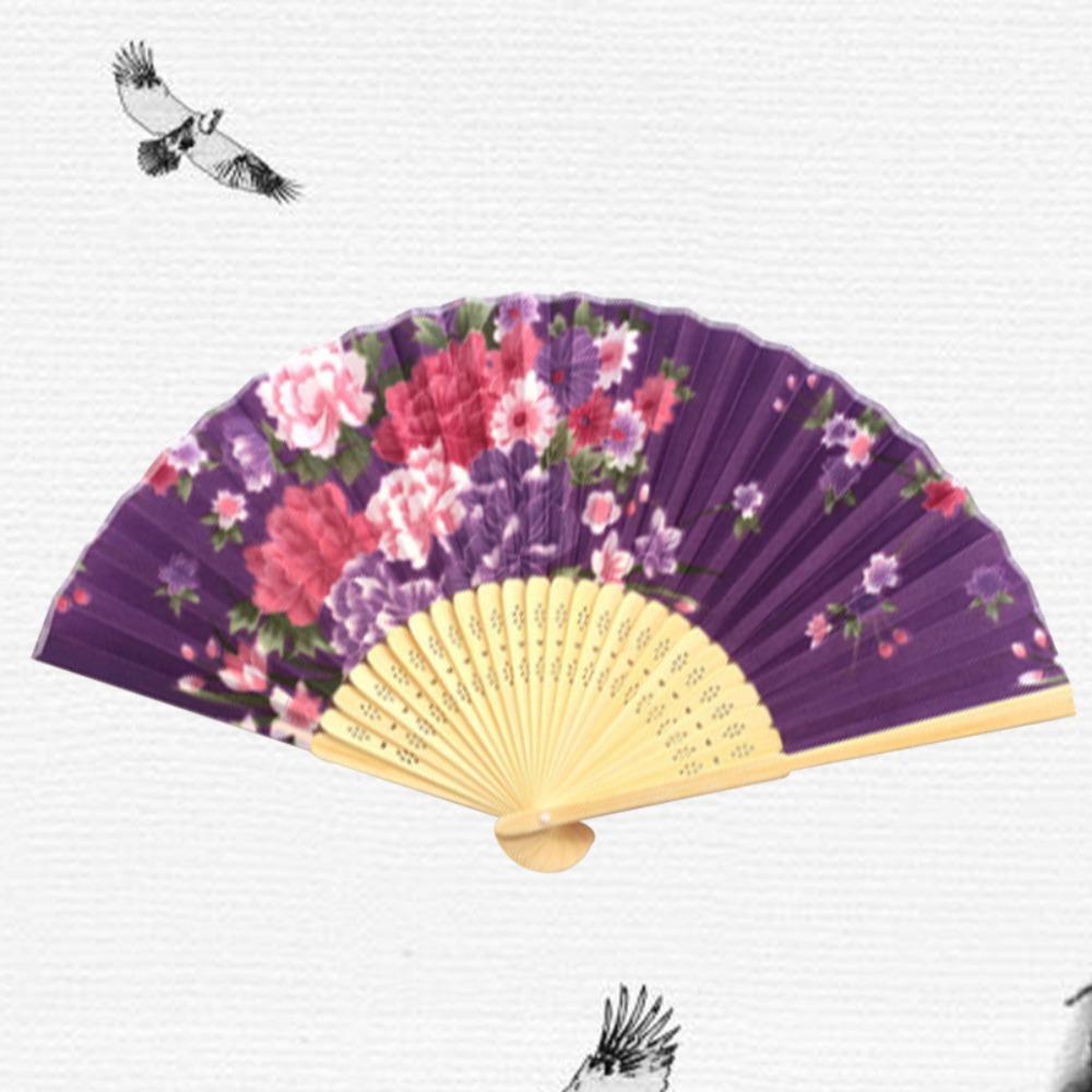Silk Material Chinese Folding Fan Bamboo Wood Flower Pattern Silk Fan Artificial Silk Folding Design Art Craft Fan