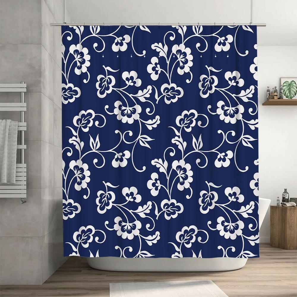 Modern Home Decor Shower Curtain with Floral Pattern Navy Blue White Design for Bathroom Easy Installation in Various Sizes (Cus
