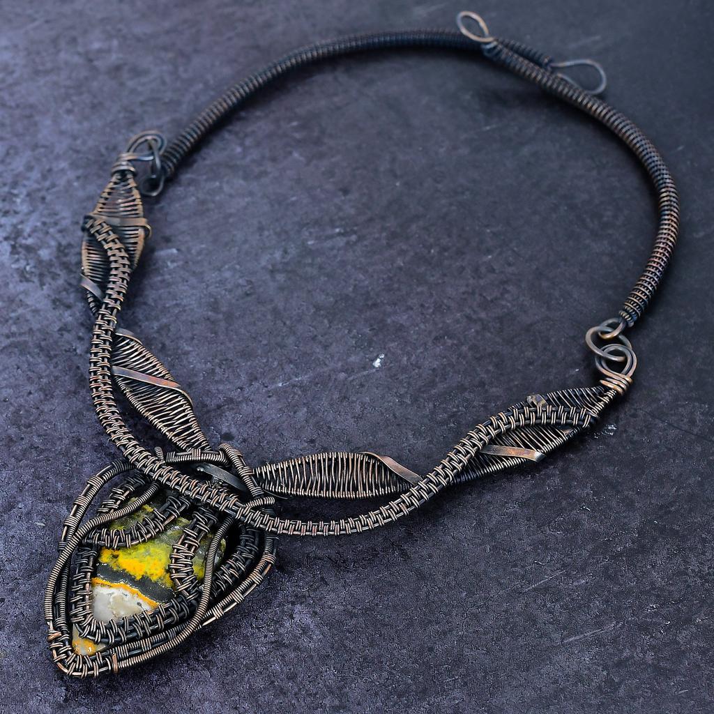 Bumble Bee Jasper Gemstone Copper Wire Wrap Jewelry Necklace 18"
