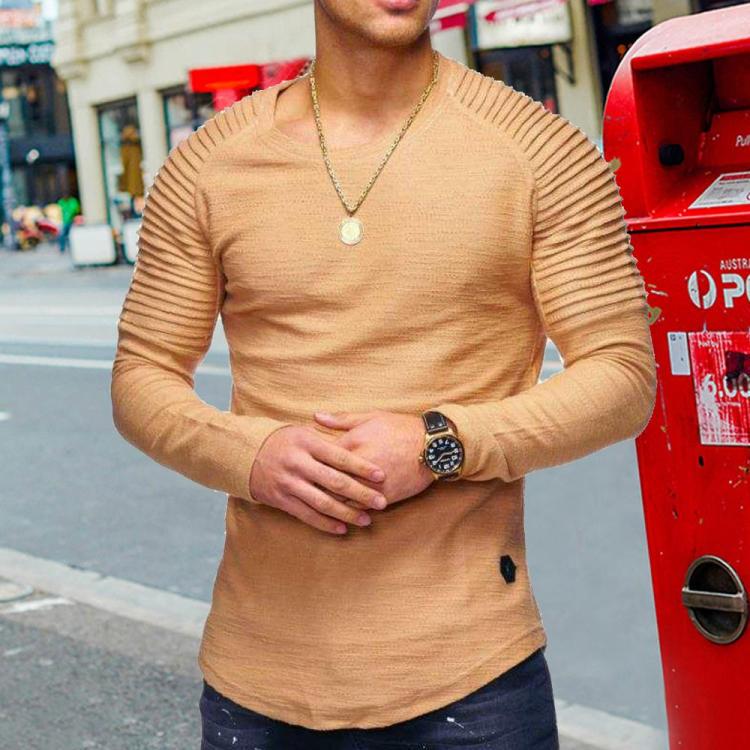 Men Round Neck Pullover T-shirt Casual Tops Spring Autumn Solid Color Fold Slim Fashion Blouse