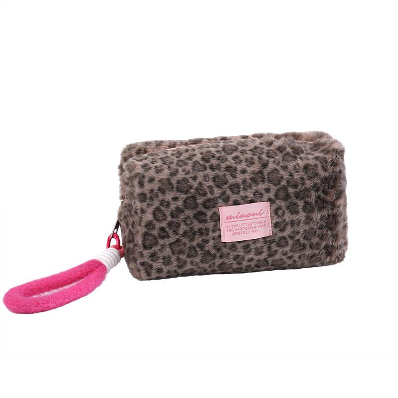 Leopard Print Plush Makeup Bag With Foldable Design For Travel And Storage
