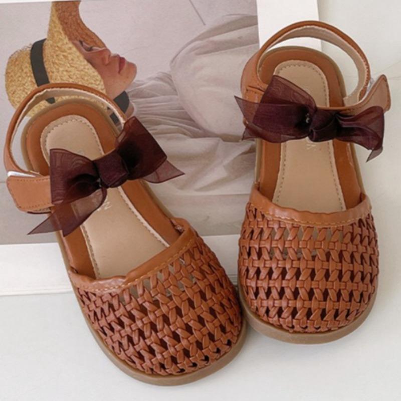 Summer Girls Closed Toe Woven Bird Nest Sandals Hollow Bow Decor Kids Beach Shoes