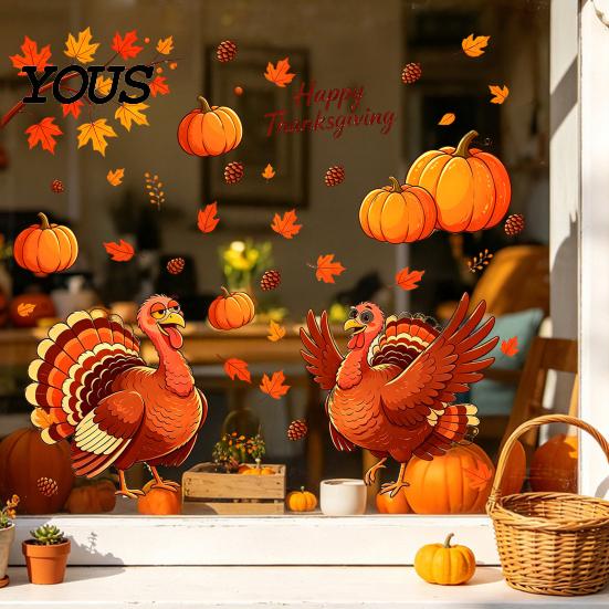 Seasonal Home Party Decorations Thanksgiving Static Window Clings, Cartoon Double Turkey Pumpkin Maple Leaf No?Glue Stickers Glass Decals,