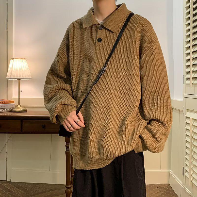 Men's Retro Oversized Coffee Polo Collar Sweater - Japanese Minimalist Style