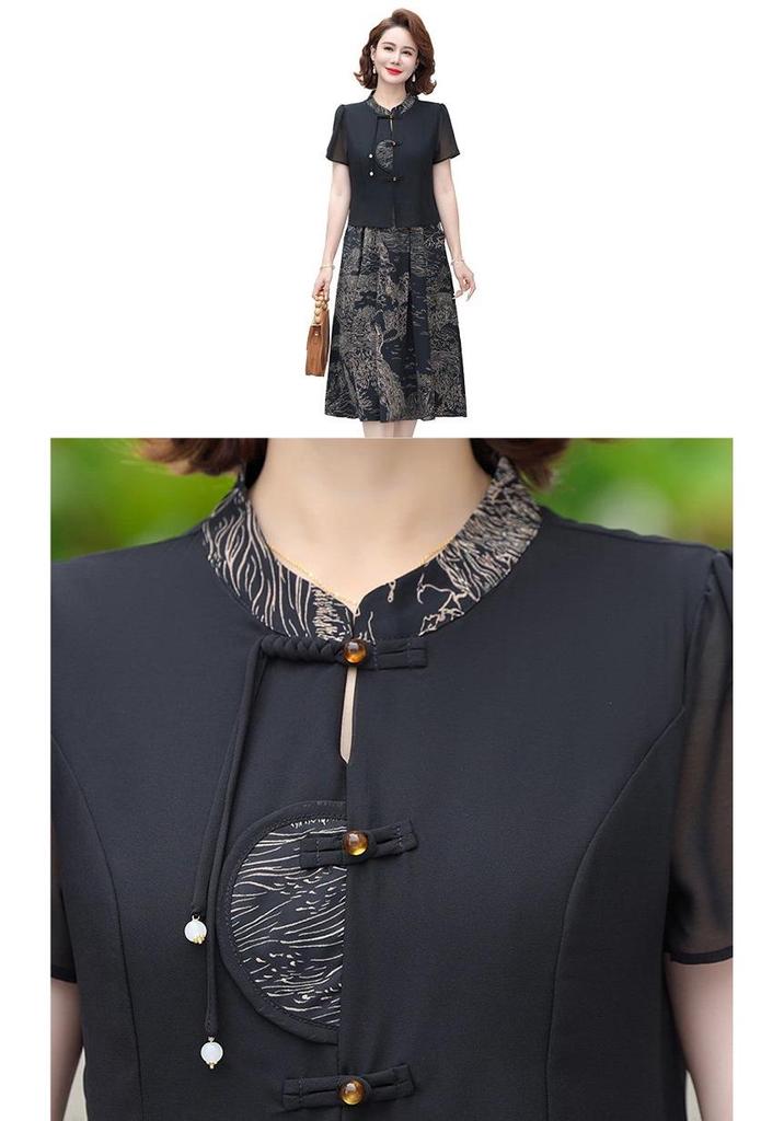 Stylish Chiffon Summer Dress for Middle-Aged & Elderly Women - Short Sleeve, Waist-Cinching Design