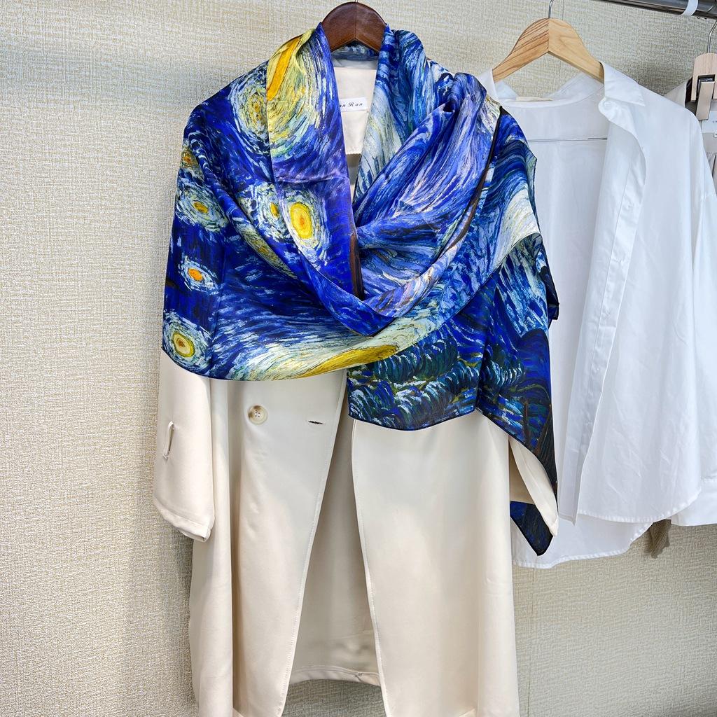 Commuting Versatile Oil Painting Style Medium And Long French Silk Long Scarf Mulberry Silk Silk Scarf Multi-Functional Summer Shawl Ol