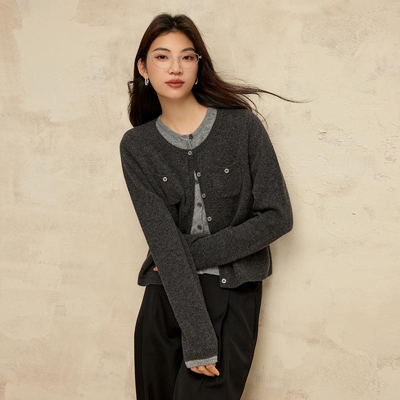 

Women s 100% Wool Knit Two-Piece Look Cardigan - Spring New Long-Sleeve Short Sweater One Size темно-серого