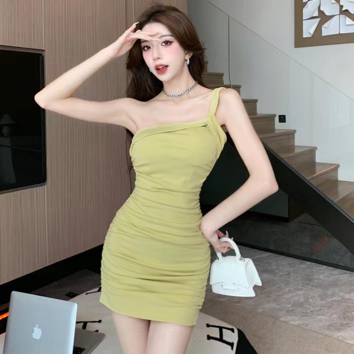 Pure desire sexy sweet and spicy one-shoulder pleated hip skirt summer bandeau design short skirt slimming hip dress