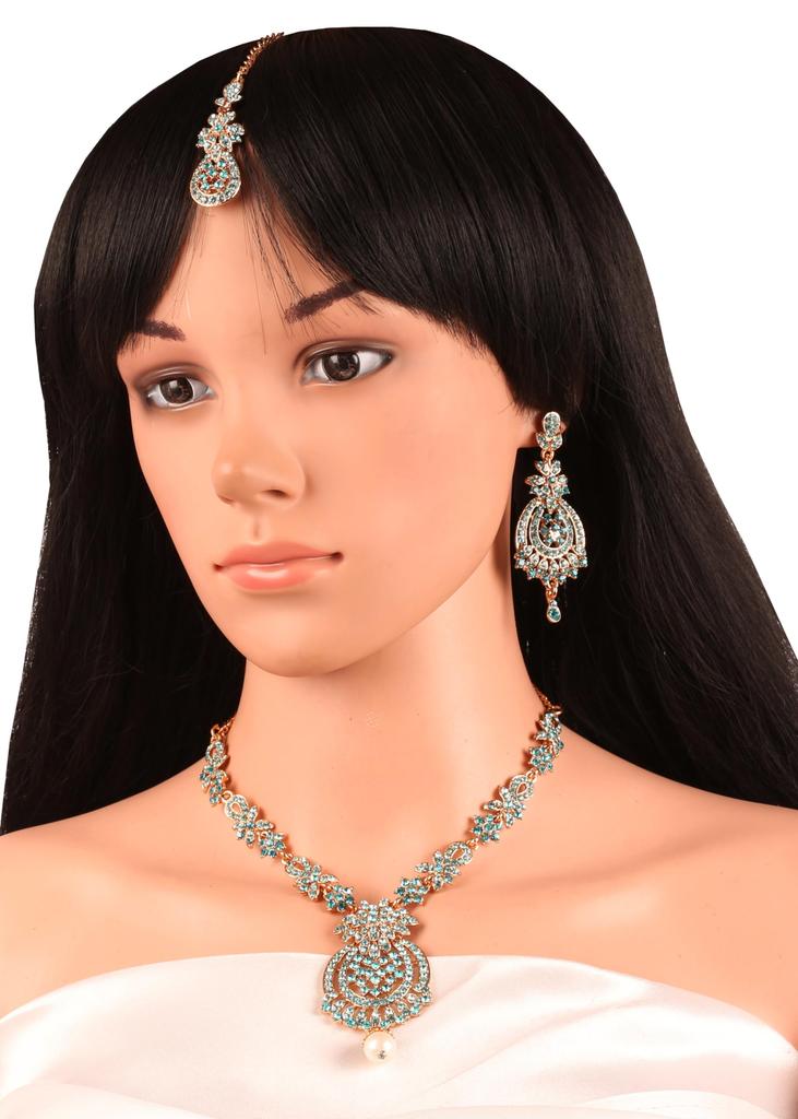 Touchstone Indian Bollywood Gorgeous Intricate Craftsmanship Sparkling White Colorful Rhinestone Crystal Wedding Designer Jewelry Necklace Set Gold