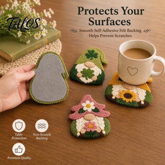 Gnome Punch Needle Coaster Kit Kit, DIY Craft Set with Pre-Printed Fabric for Adults Yarn Hoop Felt Backings, Embroidery Beginners And